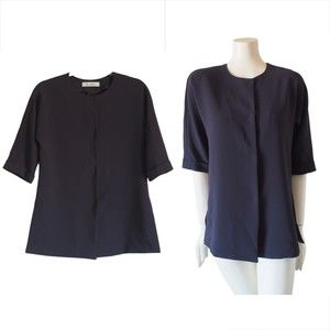 MAX MARA Navy Triacetate Crepe Concealed Snap Button Down Blouse Jacket Career